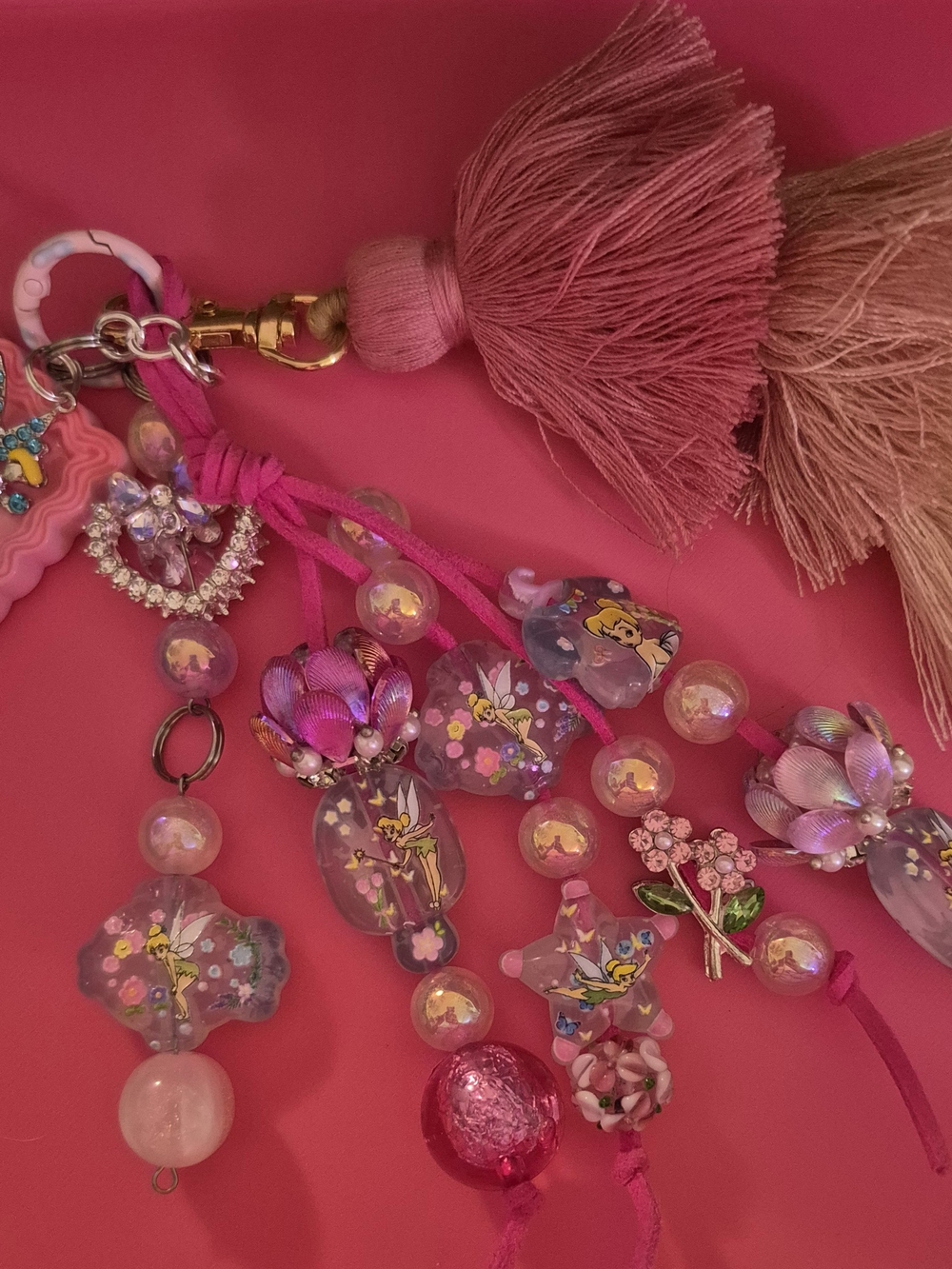 Tinkerbell Pink Beaded Tassel Charm Keychain with Floral and Fairy Accents